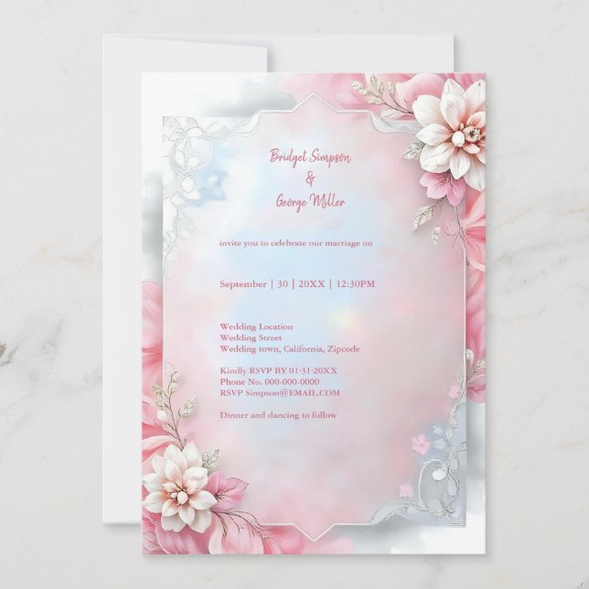 Invitation Elégant cadre rose floral douce Pastel mariage lum (Devant)