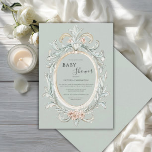 Invitation Élégant cadre vintage vert sauge Baby Shower