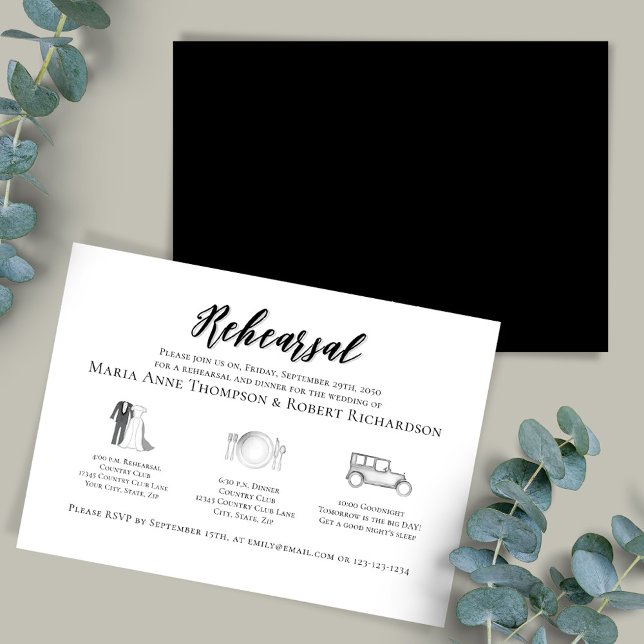 Invitation Élégant calendrier de la répétition de mariage (Rehearsal dinner invitation template with timeline.)
