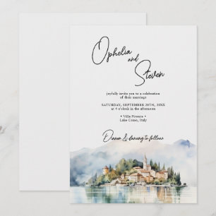 Invitation Élégant calligraphié aquarelle lac Côme Italie mar