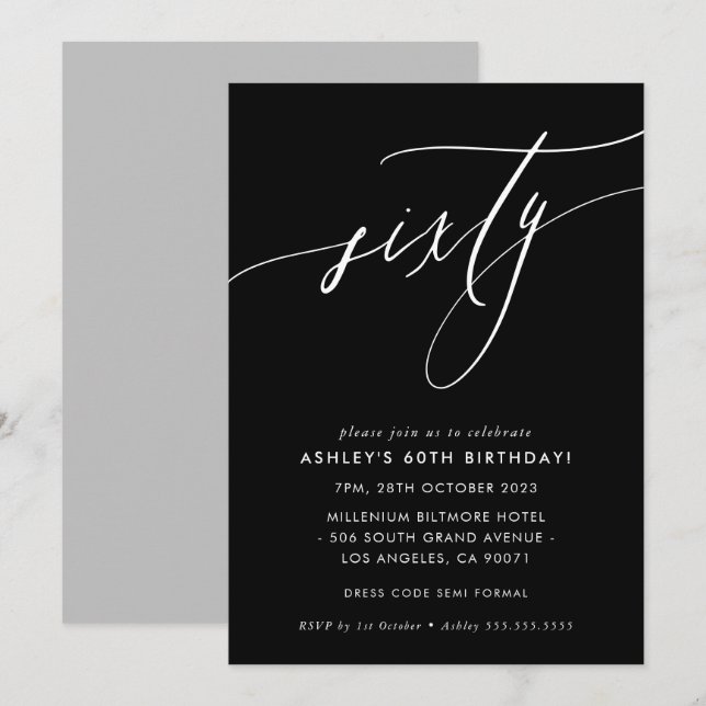 Invitation ELEGANT Calligraphie chic 60e anniversaire noir bl (Devant / Derrière)