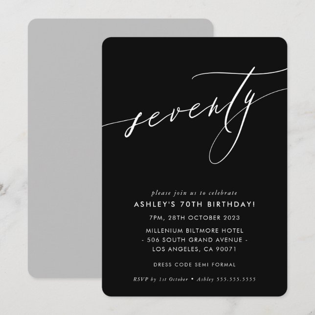 Invitation ELEGANT Calligraphie chic 70e anniversaire noir bl (Devant / Derrière)