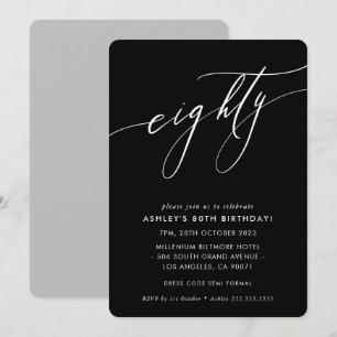 Invitation ELEGANT Calligraphie chic 80e anniversaire noir bl