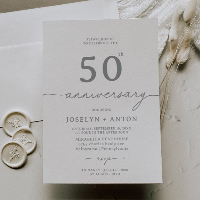Invitation Élégant Calligraphie Chic Gris 50e Anniversaire (Créateur téléchargé)