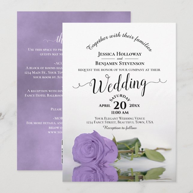 Invitation Élégant calligraphie rose lavande QR Code mariage (Devant / Derrière)