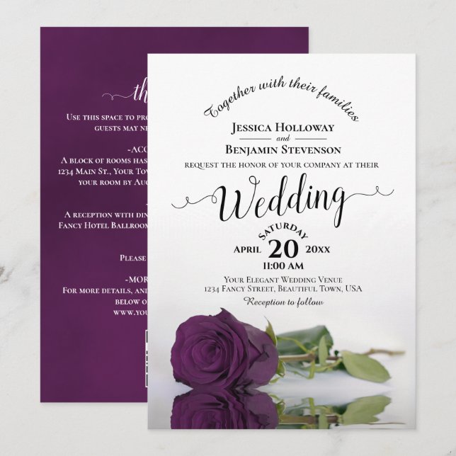 Invitation Élégant Calligraphie Rose Plum QR Code Mariage (Devant / Derrière)