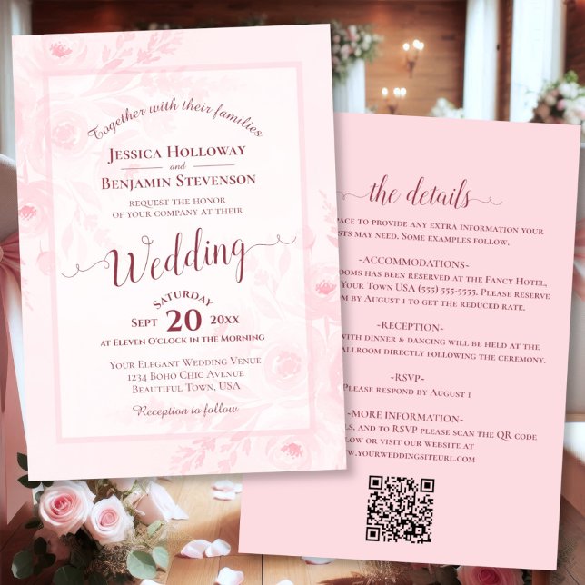 Invitation Élégant calligraphie roses peonies code QR mariage (Front/Back)