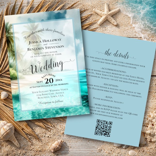 Invitation Élégant Calligraphie Tropicale Plage QR Code Maria (Front/Back)