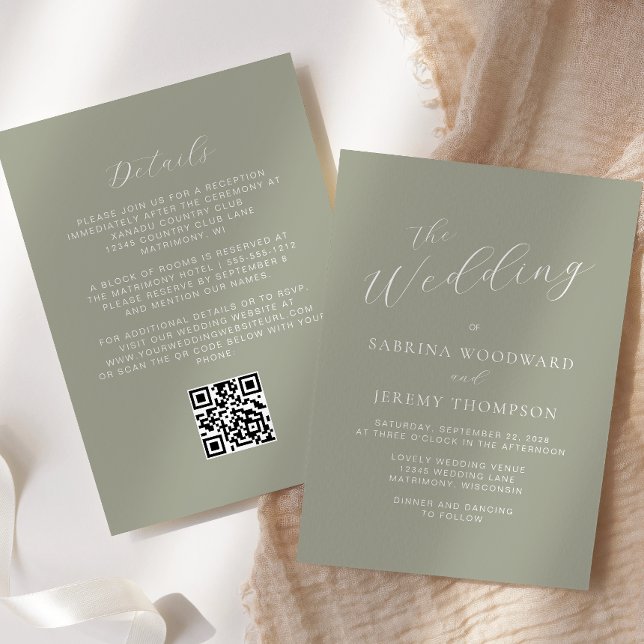 Invitation Élégant Calligraphie Vert Sauge QR Code Mariage (Créateur téléchargé)