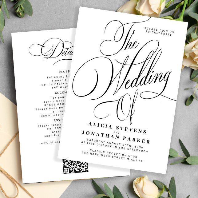 Invitation Elegant calligraphy black white all in one wedding (Créateur téléchargé)