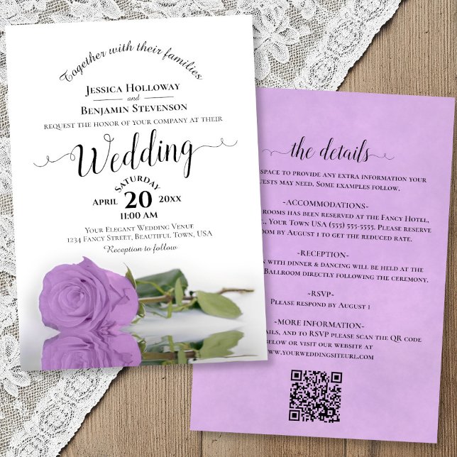 Invitation Elegant Calligraphy Lilac Rose QR Code Wedding (Front/Back)
