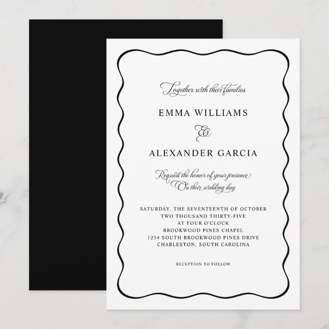 Invitation Elegant Calligraphy Wedding Black Wavy Border (Devant / Derrière)