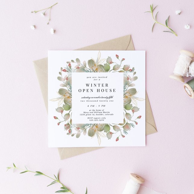 Invitation Élégant carré de verdure hivernale pour journée po (Créateur téléchargé)