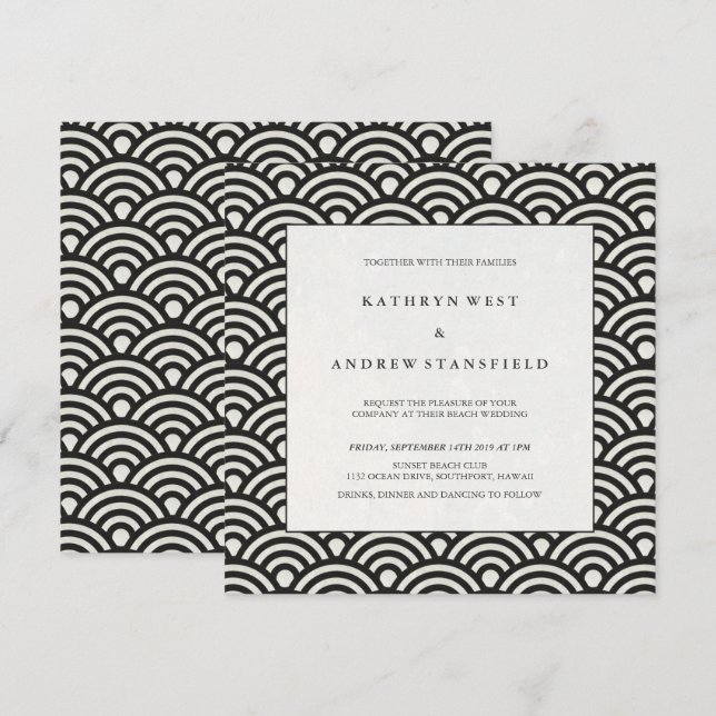 Invitation Élégant Carré noir et blanc Mariage à motifs (Devant / Derrière)
