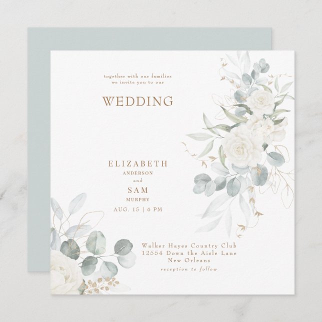 Invitation Élégant Carré Sage White Floral Mariage (Devant / Derrière)