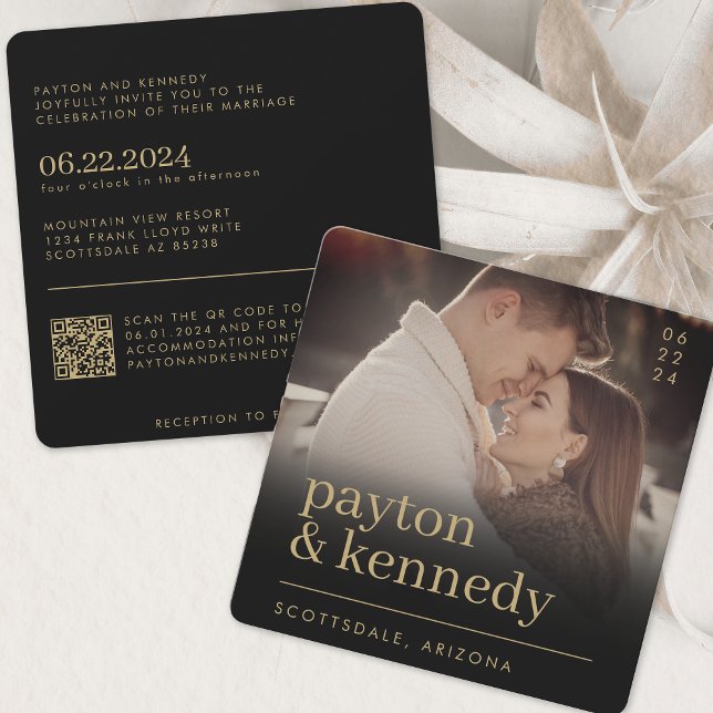 Invitation Élégant Carré simple et élégant noir et or chic (Créateur téléchargé)