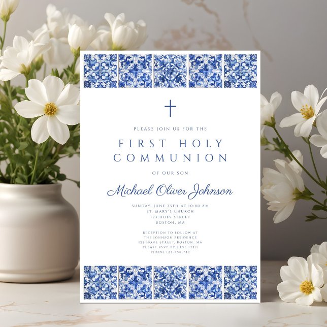 Invitation Elégant Carreaux Bleus Garçon Première Communion (Elegant Blue Tiles Boy First Communion Invitation)