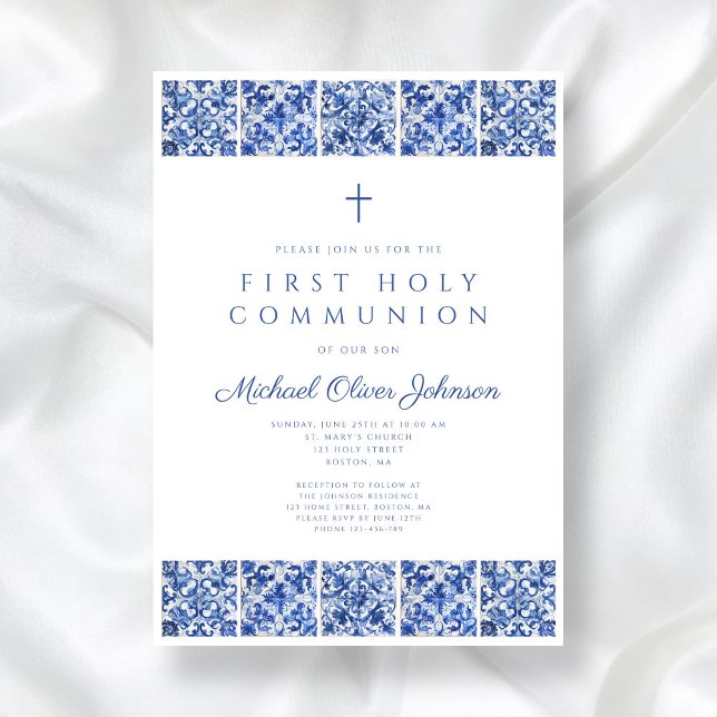 Invitation Elégant Carreaux Bleus Garçon Première Communion (Elegant Blue Tiles Boy First Communion Invitation)