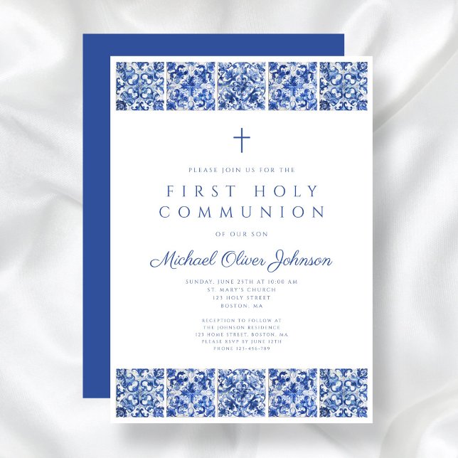 Invitation Elégant Carreaux Bleus Garçon Première Communion (Elegant Blue Tiles Boy First Communion Invitation)
