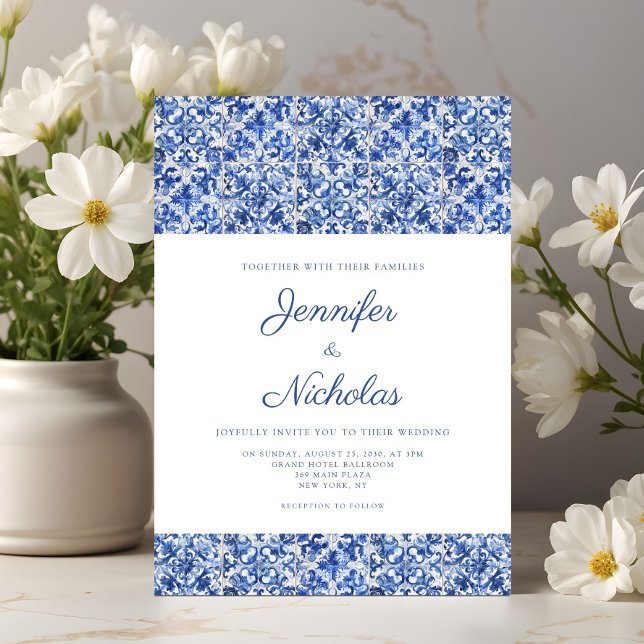 Invitation Elégant Carrelage Bleu Méditerranéen Mariage Invit (Elegant Mediterranean Blue Tiles Wedding Invitation)