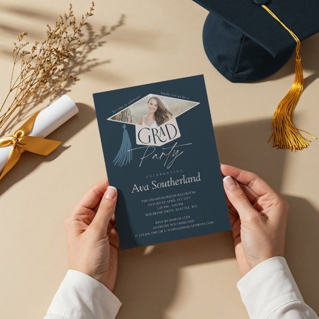 Invitation Élégant Casquette de 2e année et Tassel Photo Grad (Elegant Grad Cap & Tassel Photo Graduation Party Invitation)