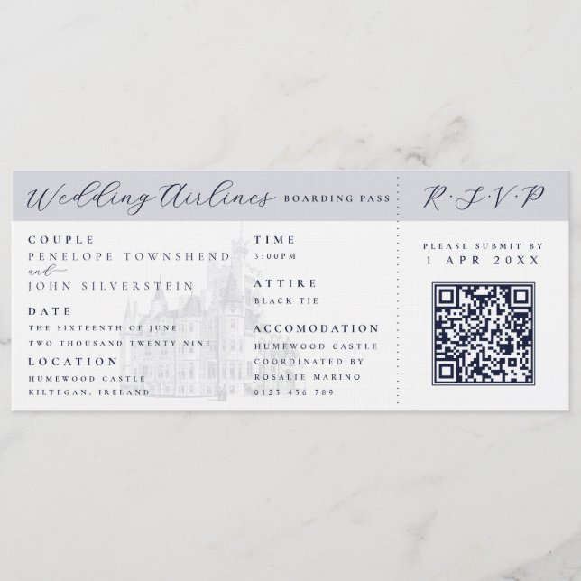 Invitation Elegant Castle Plane Ticket Destination Wedding  (Devant)