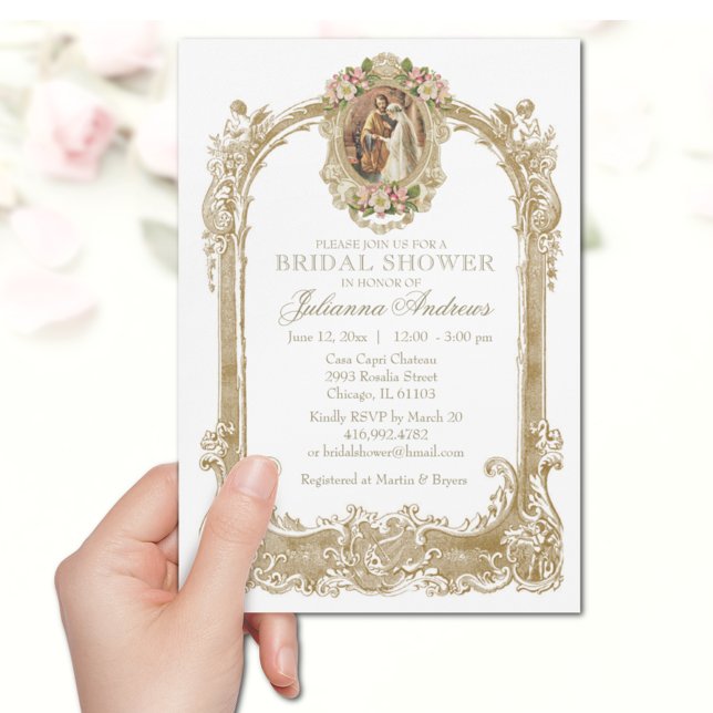 Invitation Elegant Catholic Bridal Shower Gold Floral  Invita (Créateur téléchargé)