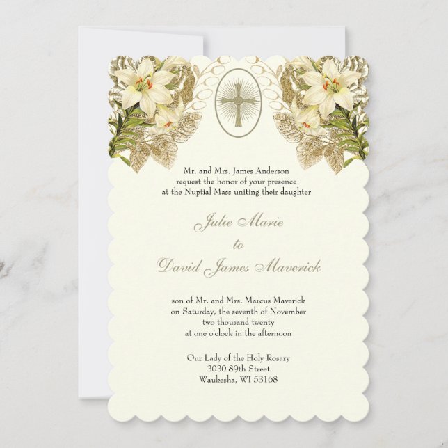 Invitation Élégant catholique Mariage floral et réception (Devant)