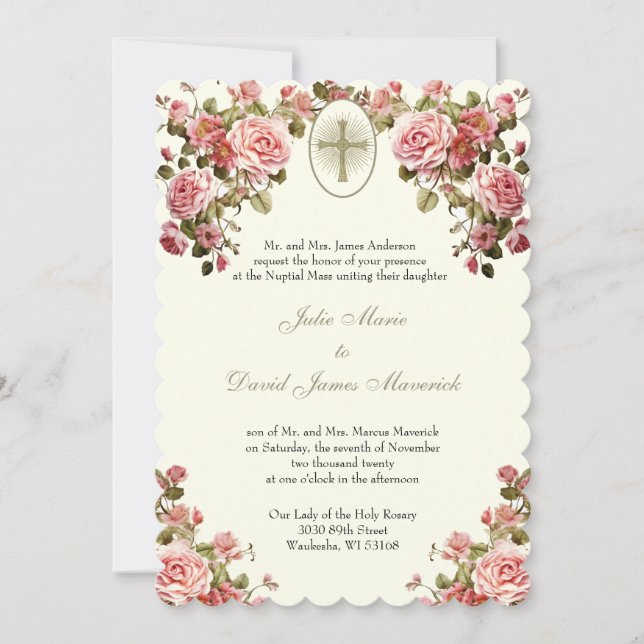 Invitation Élégant catholique Mariage floral et réception (Devant)