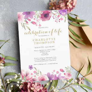 Invitation Elegant Celebration of Life Pink Watercolor Floral