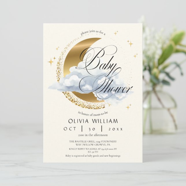 Invitation Elegant Celestial Beige Script Baby Shower  (Debout devant)
