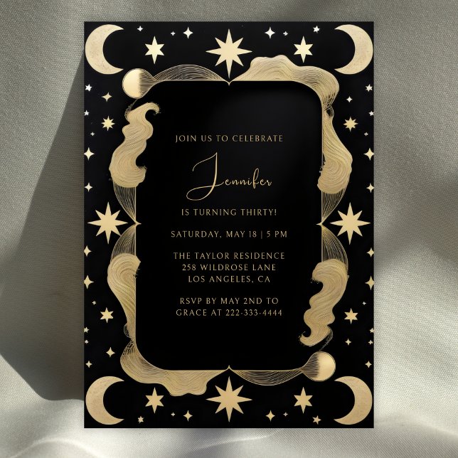 Invitation Elégant Celestial Black & Gold Stars 30e anniversa (Elegant Celestial 30th Birthday Invitation Black & Gold Stars and Moon Party Invite)