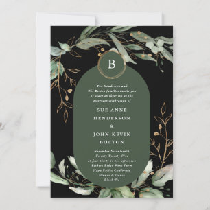 Invitation Elégant Cercles d'or Eucalyptus Boho Moss Green