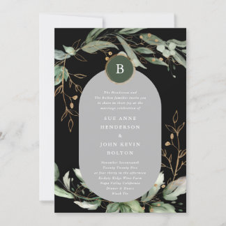 Invitation Elégant Cercles d'or Eucalyptus Boho Moss Green