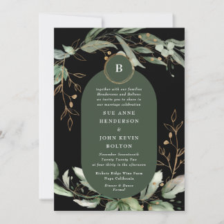 Invitation Elégant Cercles d'or Eucalyptus Boho Moss Green
