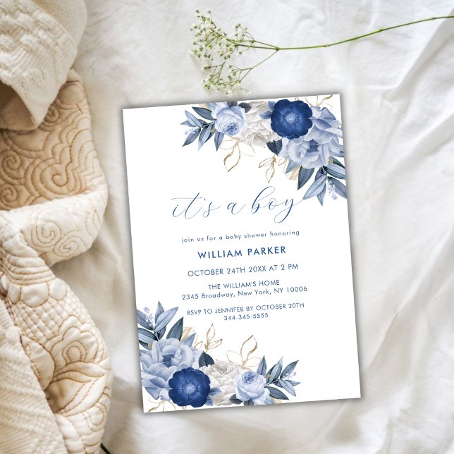 Invitation Elégant C'est un garçon Bleu Blanc Baby shower Flo (Elegant It's A Boy Blue White Floral Baby Shower Invitation)