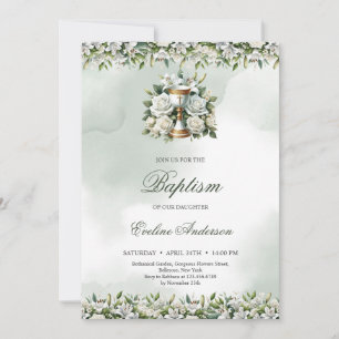Invitation Élégant chalice floral or blanc lys Baptême