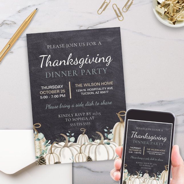 Invitation Elégant Chalkboard Automne Automne Thanksgiving Dî (elegant white pumpkin themed thanksgiving fall autumn dinner party or event invitation with greenery)