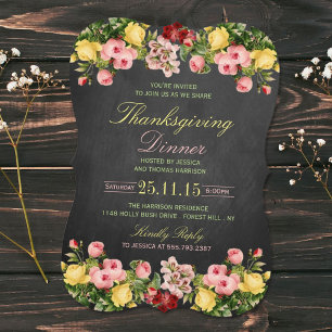 Invitation Élégant Chalkboard Floral Thanksgiving Dîner