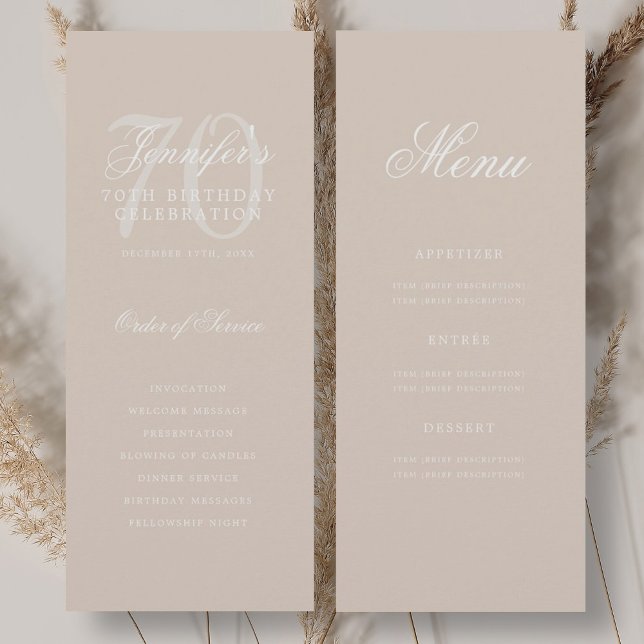 Invitation Elégant Champagne 70e Anniversaire Menu du program (Elegant Champagne 70th Birthday Program Menu)
