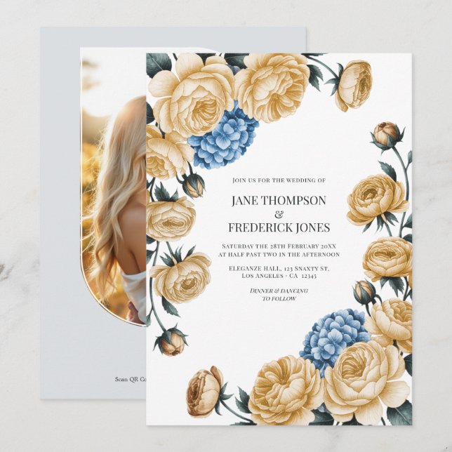 Invitation Elegant Champagne and Dusty Blue Floral Wedding (Devant / Derrière)