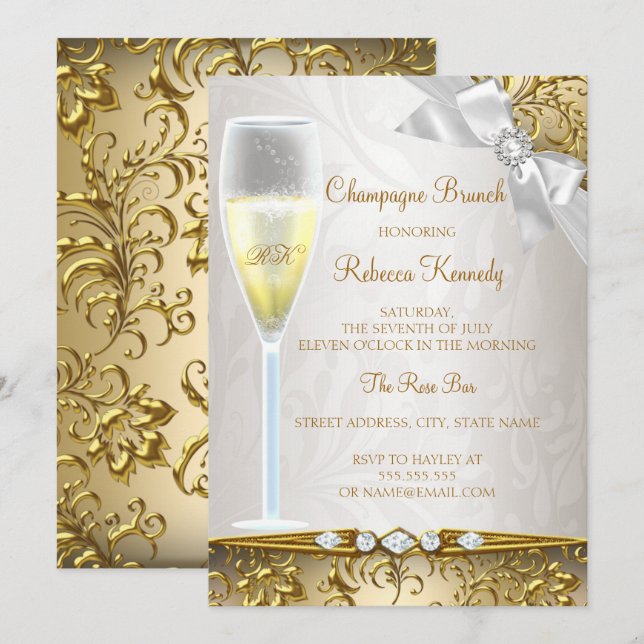 Invitation Elégant Champagne Blanc Beige Or Brunch (Devant / Derrière)