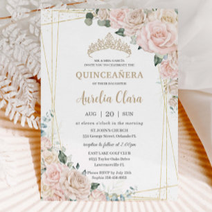 Invitation Elégant Champagne Blush ivoire Floral Quinceañera