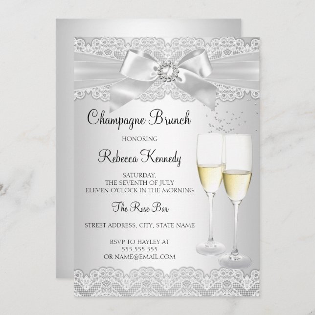 Invitation Élégant Champagne de dentelle blanche Brunch Invit (Devant / Derrière)