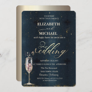 Invitation Elégant Champagne d'or Verre Mariage bleu foncé