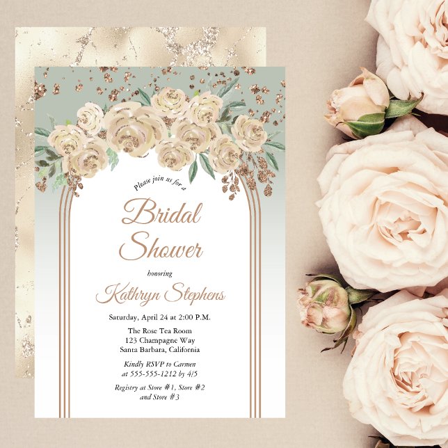 Invitation Élégant Champagne | Fête des mariées florale Sage (Champagne Roses and Sage Green Floral Bridal Shower Invitation with Faux Rose Gold Glitter Accents)