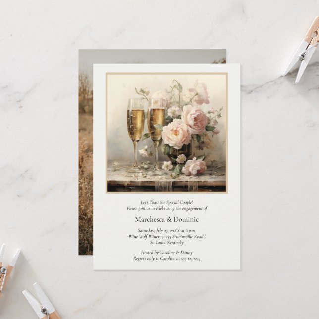 Invitation Elegant Champagne Flutes Floral Engagement Party | (Devant/Arrière en situation)