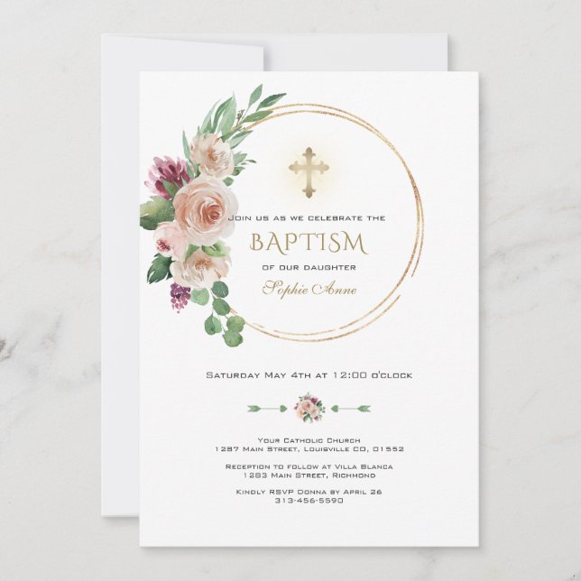 Invitation Élégant Champagne Rose Floral Gold Cross Baptism (Devant)