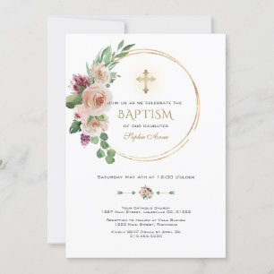 Invitation Élégant Champagne Rose Floral Gold Cross Baptism