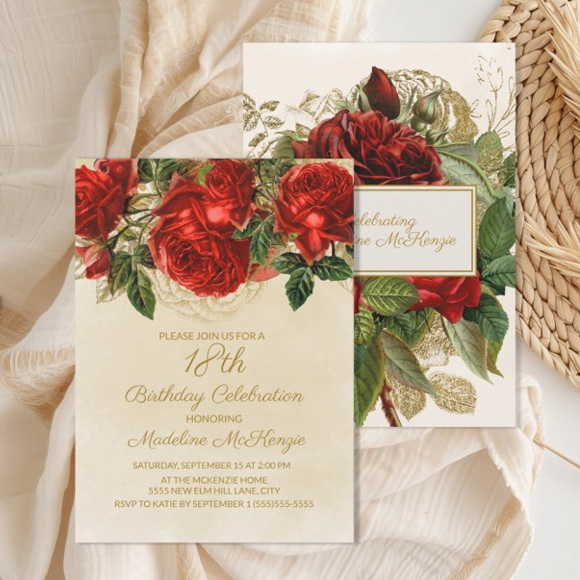Invitation Elégant Champagne Roses Rouges 18e anniversaire (Elegant red roses 18th birthday party invitation)